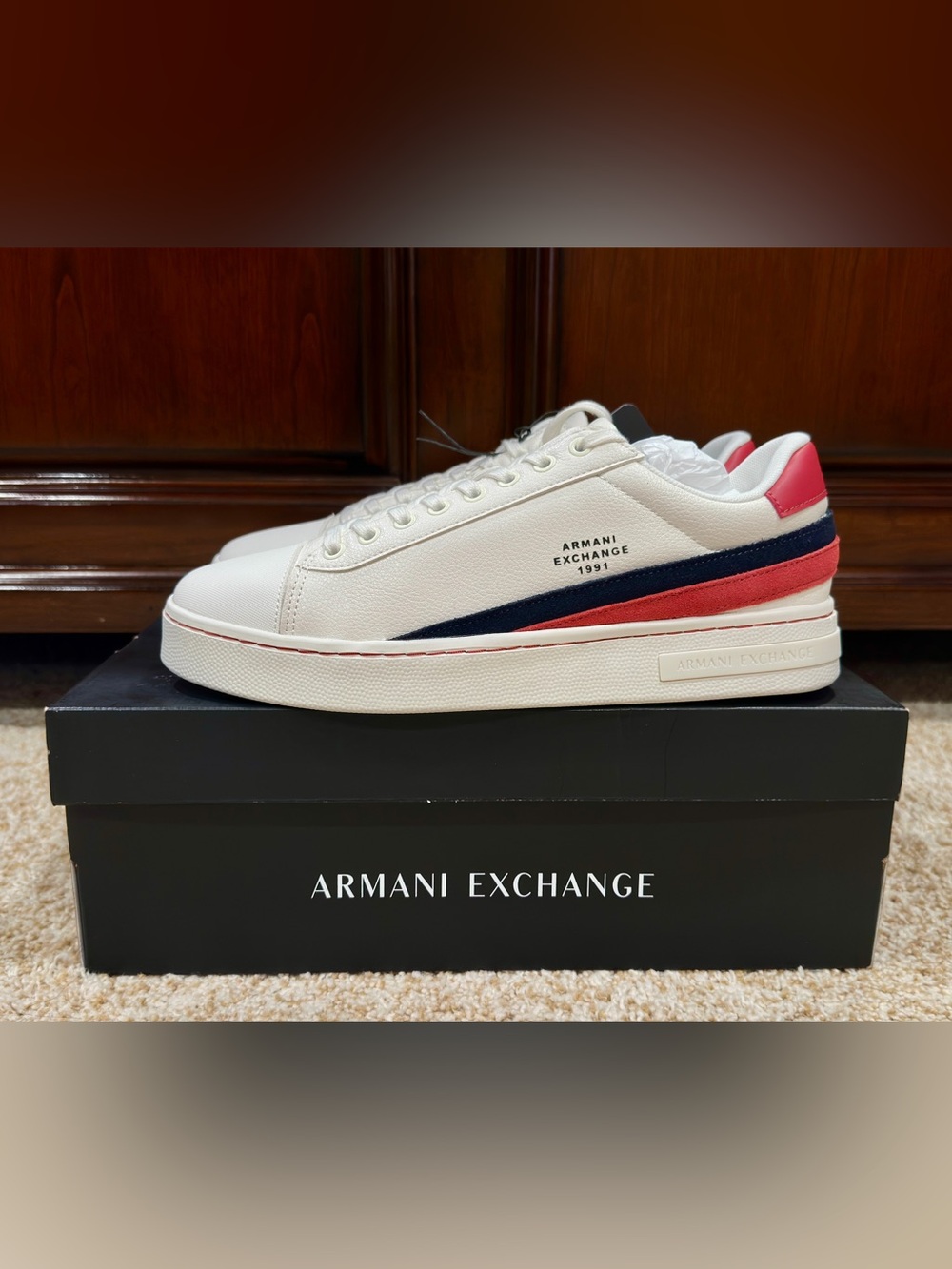 Armani Exchange - $180 London Court Sneakers in Off White & Cardinal (Size: 9)